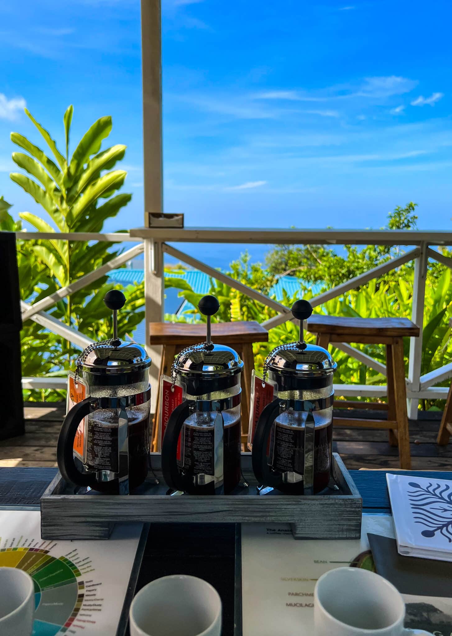 A coffee tasting flight on a lanai above the Kona coast