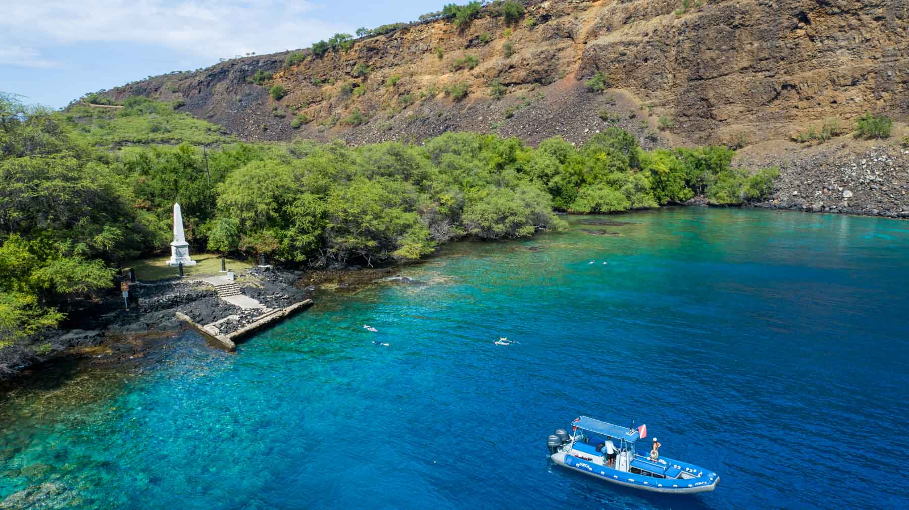 Kealakekua Bay and the Captain Cook Monument from the air