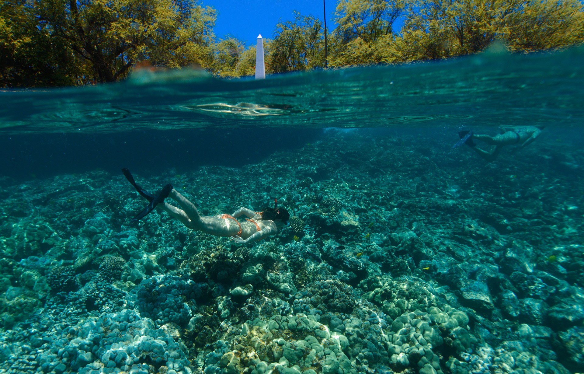 Snorkelers over the reef with the Captain Cook Monument above the waterline